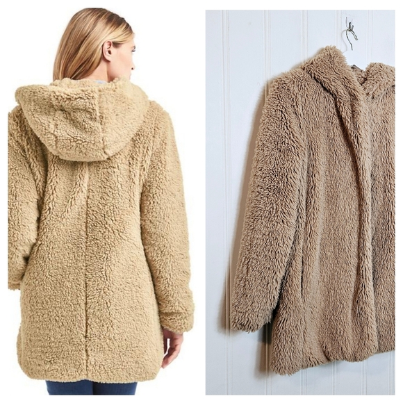 GAP Sherpa Teddy Coat Womens Sz S Tan Long Fuzzy Hooded Jacket Cozy Winter Warm - Picture 1 of 14
